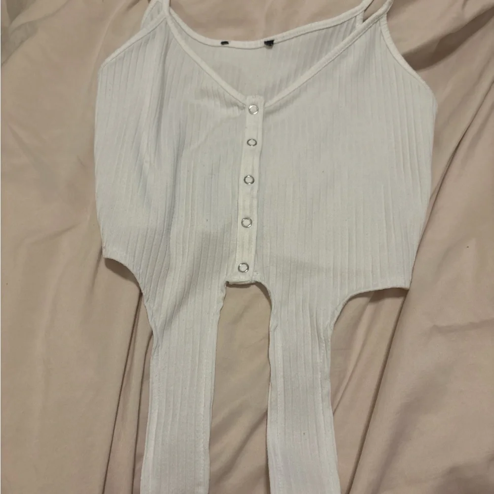 White Ribbed Button-Down Top - Picture 1 of 5